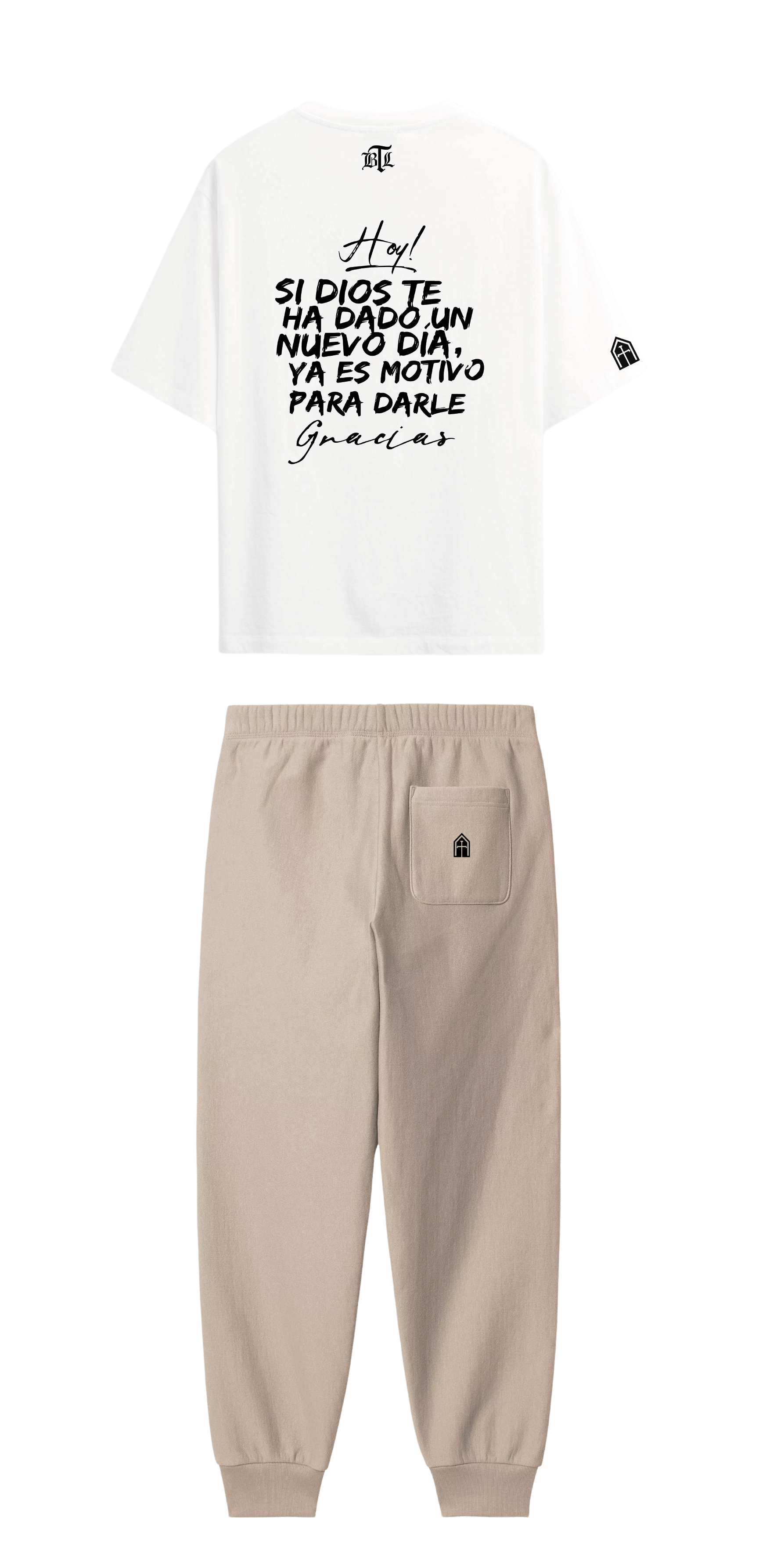 CONJUNTO BEIGE/BLANCO DARLE GRACIAS A DIOS