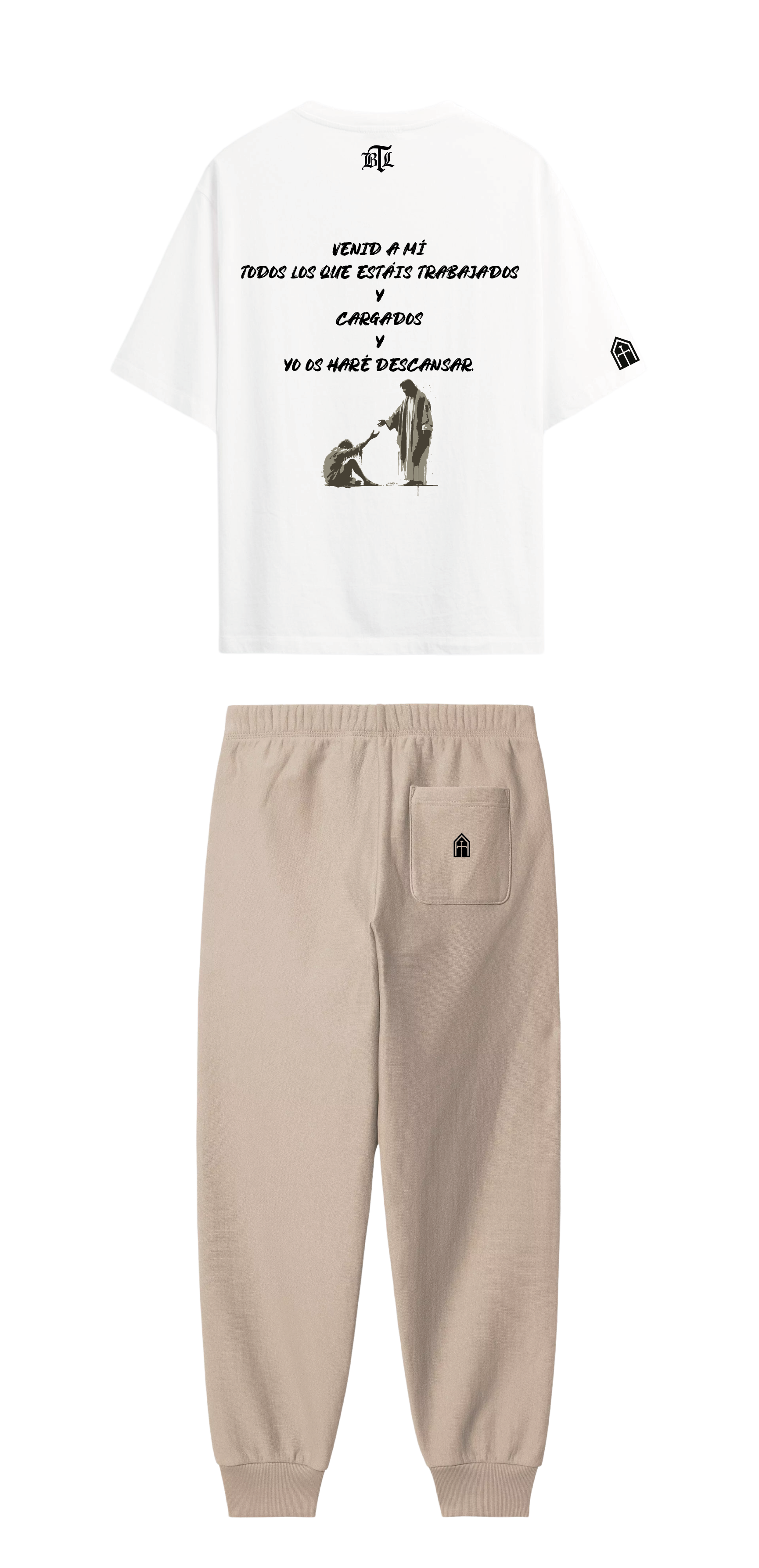 CONJUNTO BEIGE/BLANCO DIOS TE HARÁ DESCANSAR.