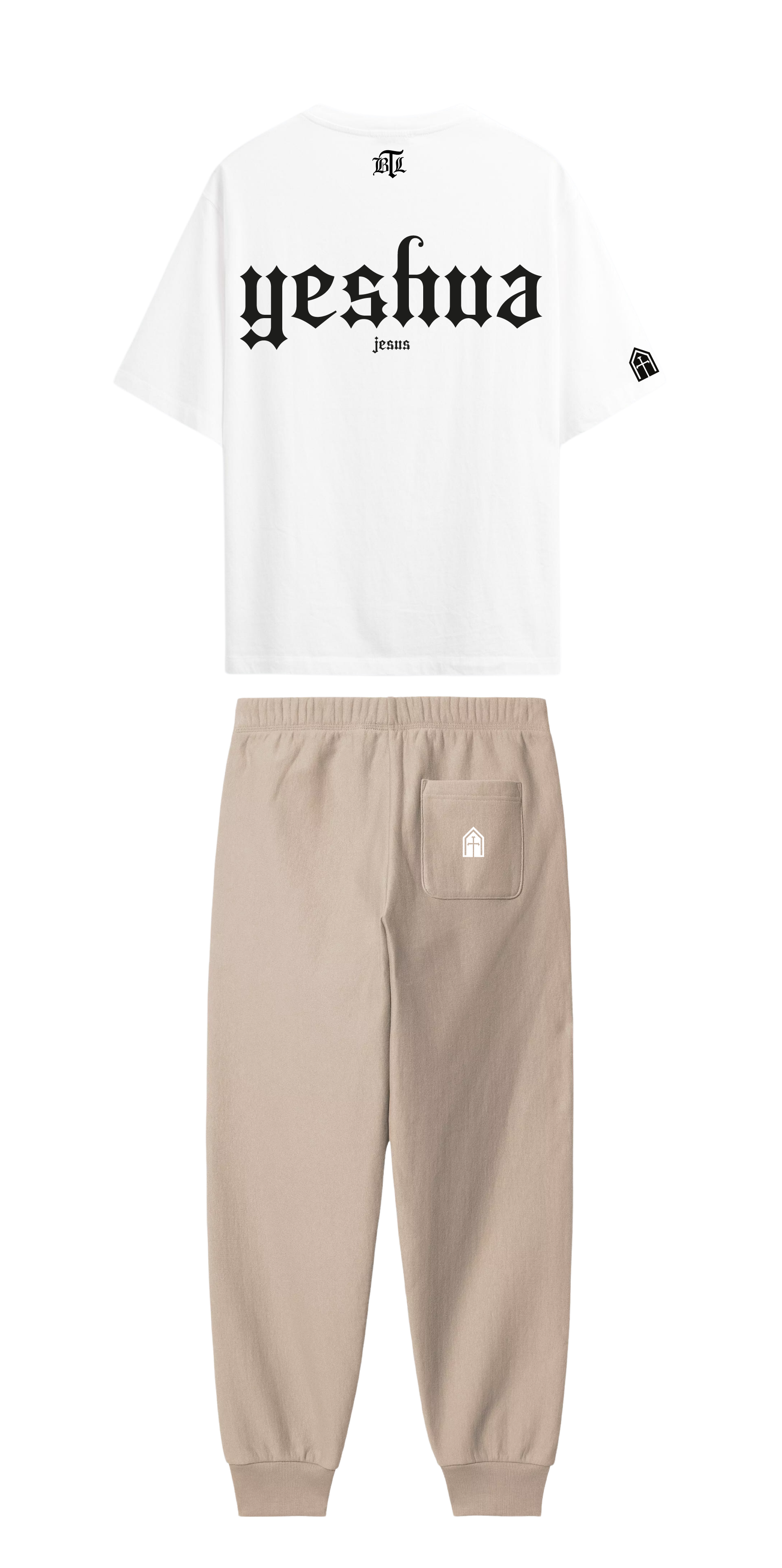 CONJUNTO  BEIGE/BLANCO YESHUA